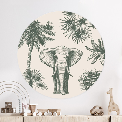 Behangcirkel jungle met olifant en palmbomen