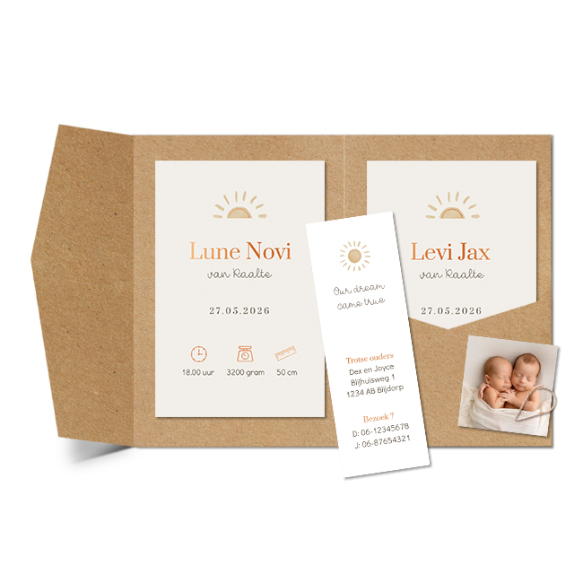 Tweeling pocketfold geboortekaartje met zonnetje, foto en foliedruk