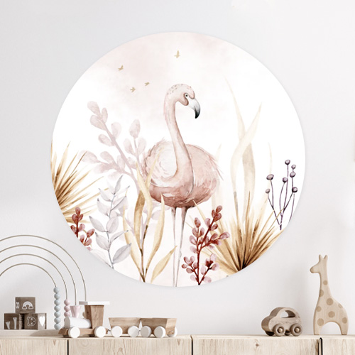 Behangcirkel meisjeskamer met aquarel droogbloemen en flamingo