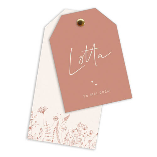 Geboortekaartje meisje labelvorm met oneline bloemen