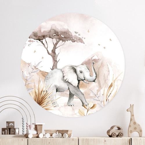 Behangcirkel meisjeskamer jungle met olifant en aquarel