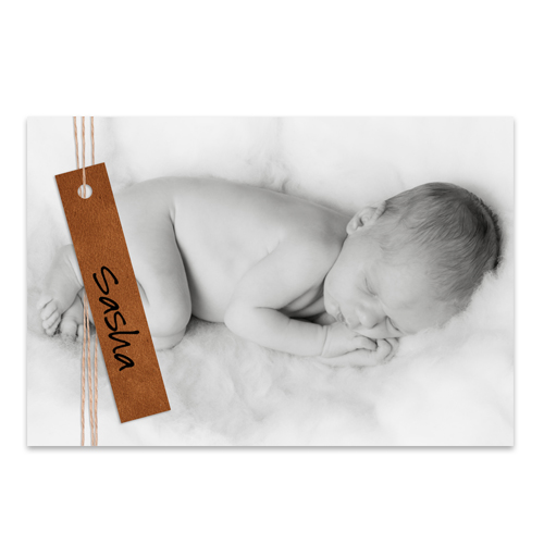 Unisex geboortekaartje met foto en écht label