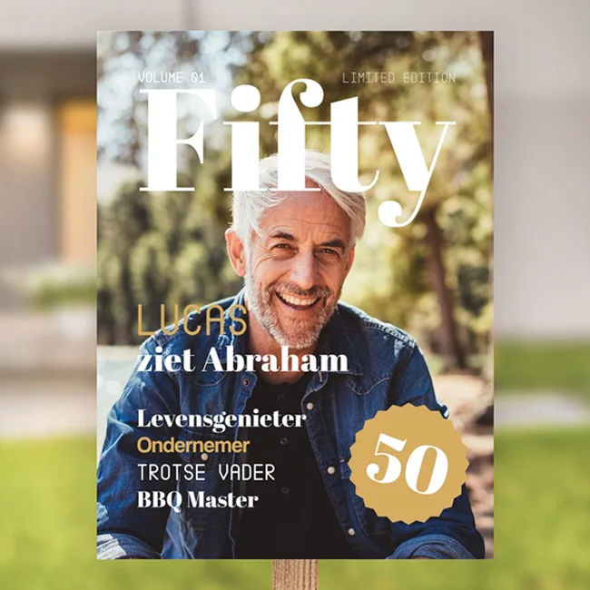 Verjaardag 50 jaar tekst magazine bord