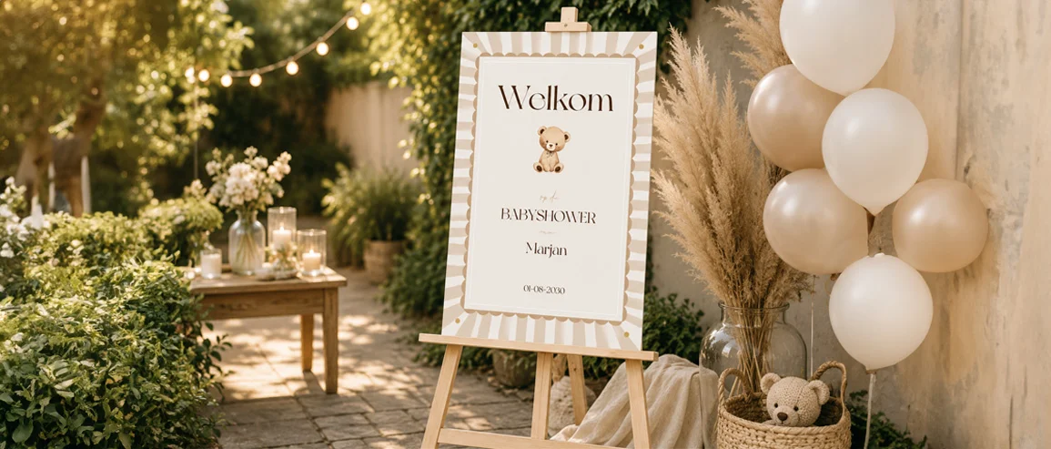 Welkomstbord babyshower op ezel met naam en datum in boho stijl