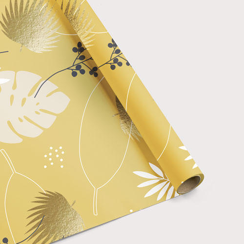 blijkaartje behang metallic tropisch blad geel met goud